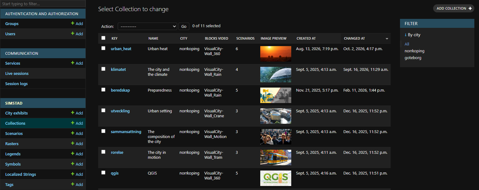 Omni administration site showing the Communication and SimStad sections